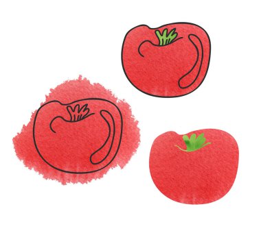 Farklı şekillerde suluboya domates seti. Siyah mürekkep karalamalı renk lekeleri. El çizimi sebze çizimi beyaz arkaplanda izole.