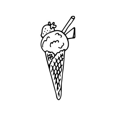 Çilek ve gofretle süslenmiş külahta bir dondurma topu. İzole edilmiş dış hat. Beyaz arkaplanda siyah mürekkeple el çizimi vektör çizimi.