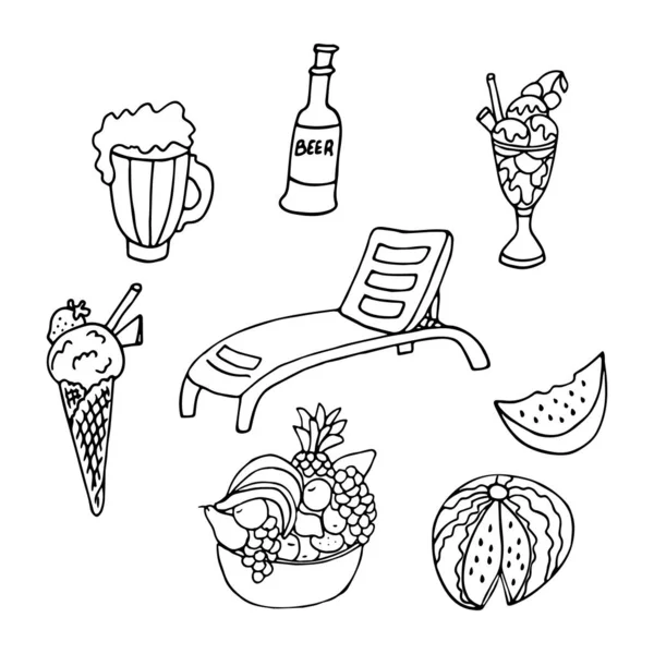 Set Disegnato Mano Vacanze Mare Estive Simboli Lettino Birra Gelato — Vettoriale Stock