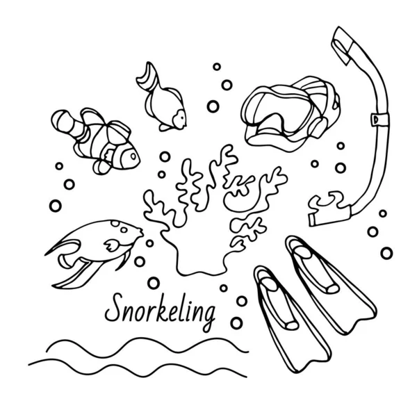 潜水套面罩 鱼和珊瑚 在白色背景上孤立的黑色墨水中手工绘制矢量图 涂鸦风格 — 图库矢量图片