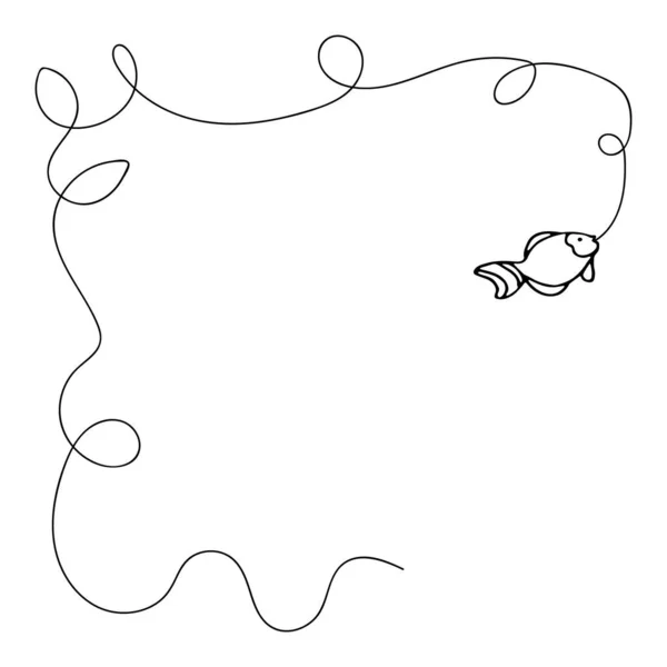 卷曲的边框 一条长长的带鱼的曲线 正方形社交媒体格式框架 在白色背景上孤立的黑色墨水中手工绘制矢量图 涂鸦风格 — 图库矢量图片
