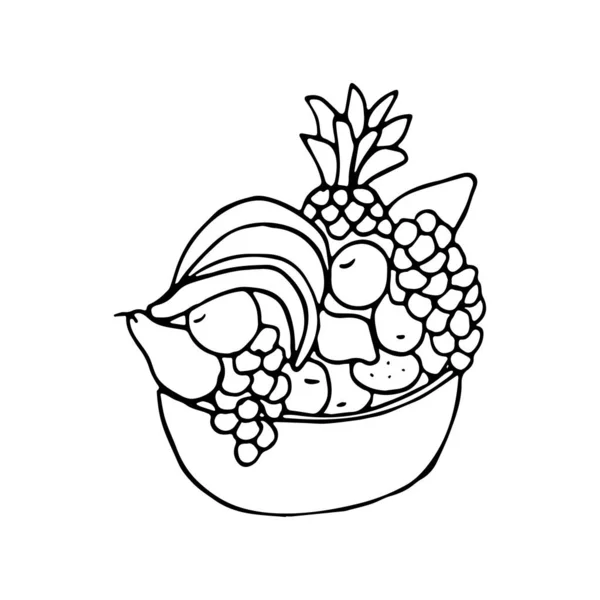 Bowl Fruit Doodle Style Hand Drawn Vector Illustration Black Ink — Stock Vector