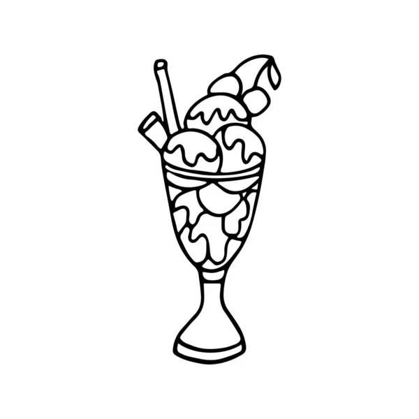 ของหวานไอศกร มในถ วยแก ตกแต วยเชอร าเช อมและเวเฟอร โรลในสไตล Doodle โครงร — ภาพเวกเตอร์สต็อก