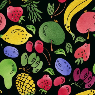 Elma, ananas, armut, limon, kiraz, üzüm, çilek, erik ve muzlu meyvesiz desen. Suluboya parlak doldurmalı karalama çizimi. Siyah arkaplan.
