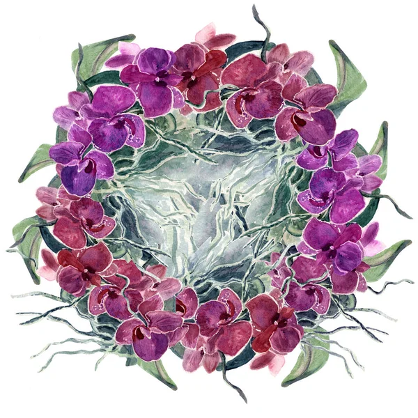 Bela Composição Redonda Com Flores Orquídea Phalaenopsis Ilustração Aquarela Pintados — Fotografia de Stock