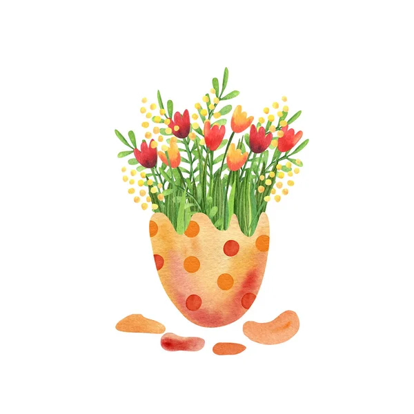 Ramo Flores Huevo Agrietado Hay Tulipanes Flores Mimosa Ilustración Acuarela — Foto de Stock
