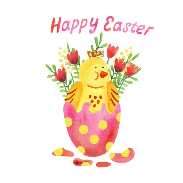 Easter greeting card with a light  blue easter egg and a newborn little chicken in it. Spring flowers. Hand drawn vector illustration isolated on white background. Great for Easter products design.