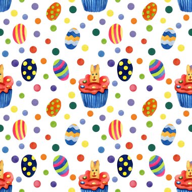Tavşan bisküvisi, pembe çırpılmış krema, renkli yumurta, çok renkli puantiyeli kapkek desenli suluboya desen. Kumaşlar, ambalaj kağıtları, duvar kağıtları, örtüler için harika. Paskalya tasarımı.