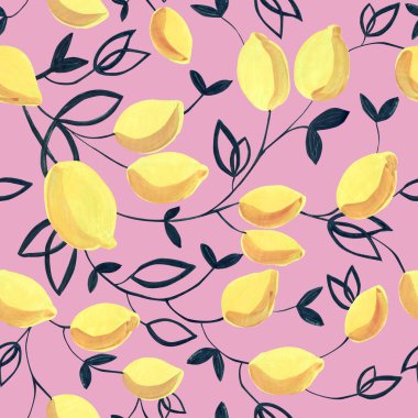Dekoratif sarı limon ve yapraklarla pürüzsüz bir şablon. Kumaşlar, ambalaj kağıtları, duvar kağıtları, örtüler için harika. Pembe arkaplan.