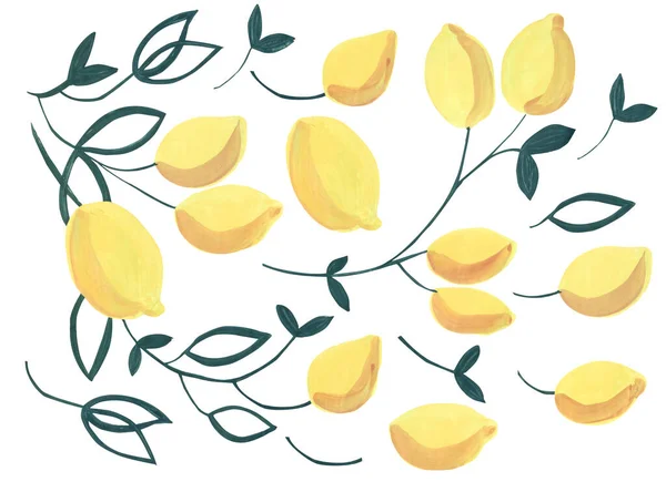 Set Decorative Lemons Branches Leaves Gouache Hand Painted Elements Your — Stock Photo, Image