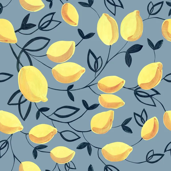 Гуаш Безшовний Візерунок Декоративними Жовтими Лимонами Листям Відмінно Підходить Тканин — стокове фото