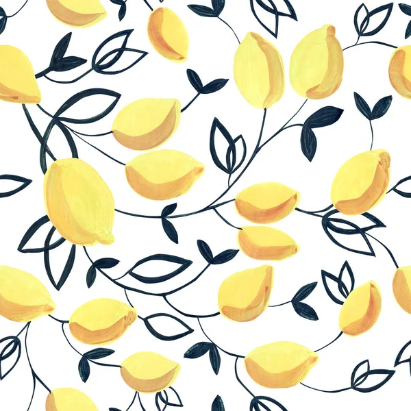 Гуаш Безшовний Візерунок Декоративними Жовтими Лимонами Листям Відмінно Підходить Тканин — стокове фото