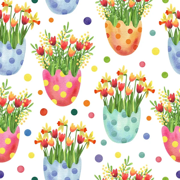 Patrón Sin Costura Acuarela Coloridos Huevos Lunares Con Flores Primavera —  Fotos de Stock
