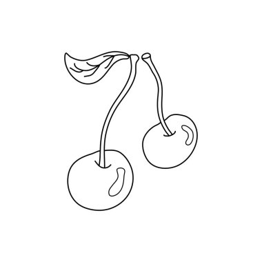 Elle çizilmiş kiraz çizimi karalama stilinde. Beyaz arka planda iki dut. İzole edilmiş dış hat.