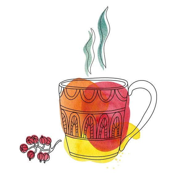 Mignon Thé Tasse Décoré Avec Des Ornements Groseille Rouge Illustration — Photo