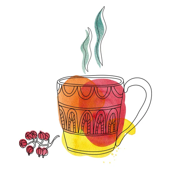 Cute mug tea decorated with ornaments. Red currant. Doodle black ink illustration with watercolor red, orange and yellow stains. Isolated on white background. Hot drink.