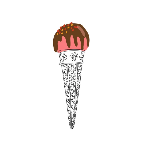 Ice Cream Ball Waffle Cone Decorated Chocolate Glaze Hand Drawn — Stock Vector
