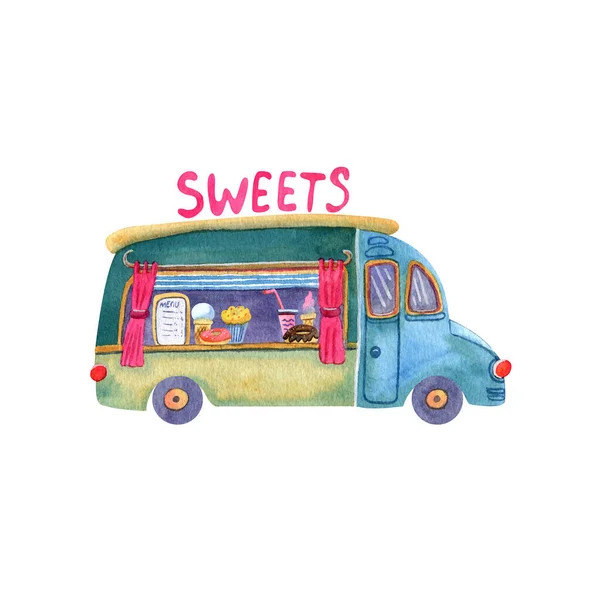 Aquarel Food Truck Met Verschillende Zoetigheden Handgeschilderde Illustratie Geïsoleerd Wit — Stockfoto