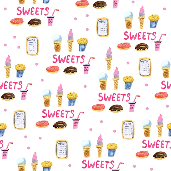 Bezszwowy Wzór Akwarelowy Słodyczami Słodkim Jedzeniem Białym Tle Lody Babeczkę — Zdjęcie stockowe