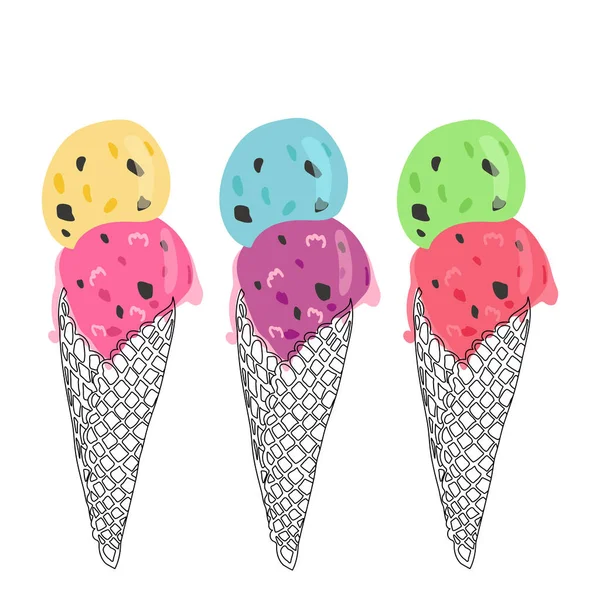 Set Ice Cream Balls Waffle Cones Green Pink Yellow Purple — Stock Vector