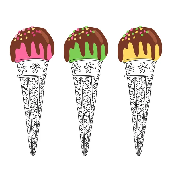 Çikolata Jöleli Waffle Külahlarının Içinde Dondurma Topları Yeşil Pembe Sarı — Stok Vektör