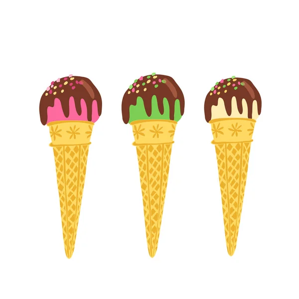 Çikolata Jöleli Waffle Külahlarının Içinde Dondurma Topları Yeşil Pembe Sarı — Stok Vektör