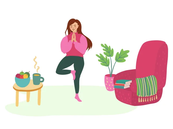 一个在家里做瑜伽的好女孩那里有一把扶手椅 一本书 一张有水果和茶的咖啡桌 她对自己健康的生活方式感到平静而快乐 在白色上孤立的手绘矢量图 — 图库矢量图片