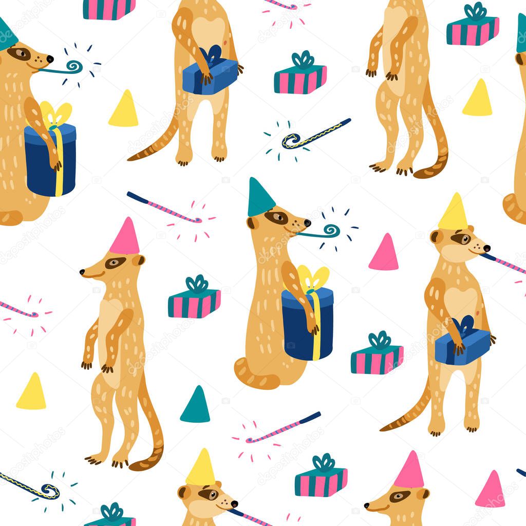 Vector seamless pattern with cute meerkats. They have gift boxes and party blowers. Great for fabrics, baby clothes, wrapping papers. Happy birthday theme.