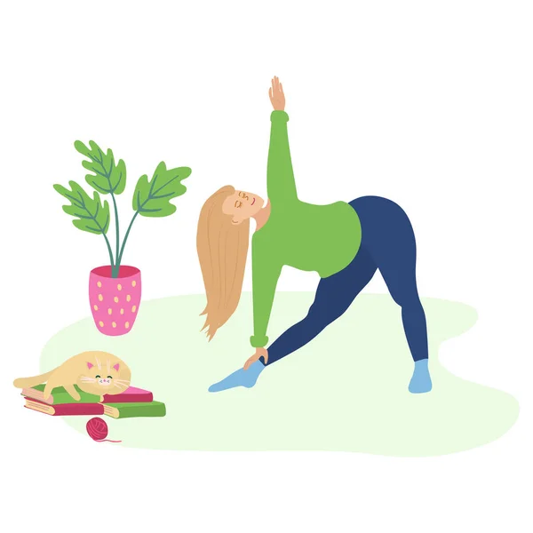 Nice Girl Doing Yoga Home She Calm Happy Her Healthy — Stock Vector