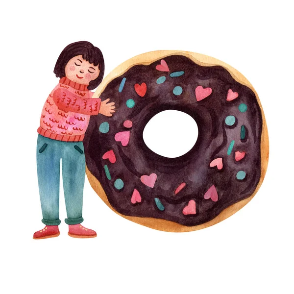 Una Niña Linda Abrazando Una Rosquilla Muy Sabrosa Decorada Con — Foto de Stock