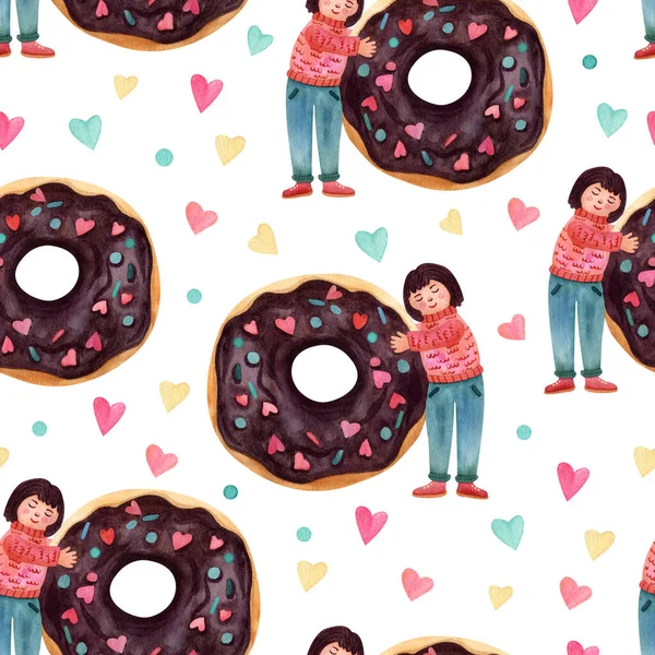 Aquarel Naadloos Patroon Met Schattige Kleine Meisjes Knuffelen Enorme Donuts — Stockfoto