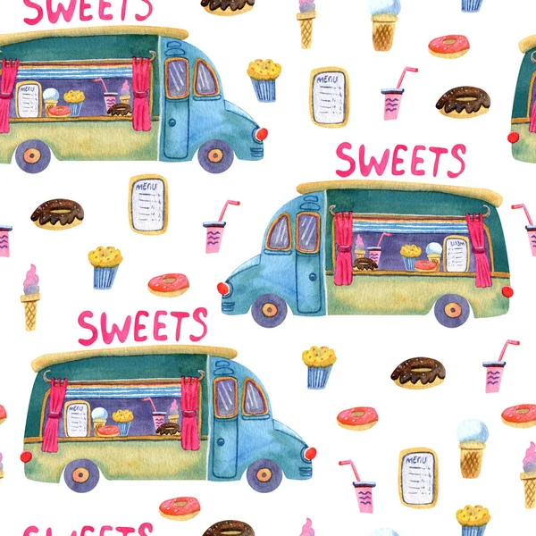 Watercolor seamless pattern with sweet food trucks on white. There are donuts, ice cream, drinks, cupcakes. Great for fabrics, wrapping paper. Blue, pink, yellow, turquoise colors. Retro style. 