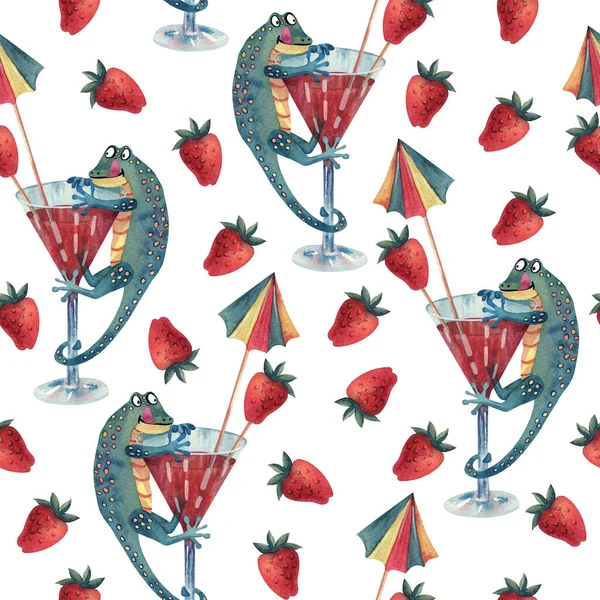 Watercolor seamless pattern with funny turquoise geckos climbing on cocktail glasses to eat strawberries. Great for fabrics, wrapping papers, covers. Hand painted illustration on white background.