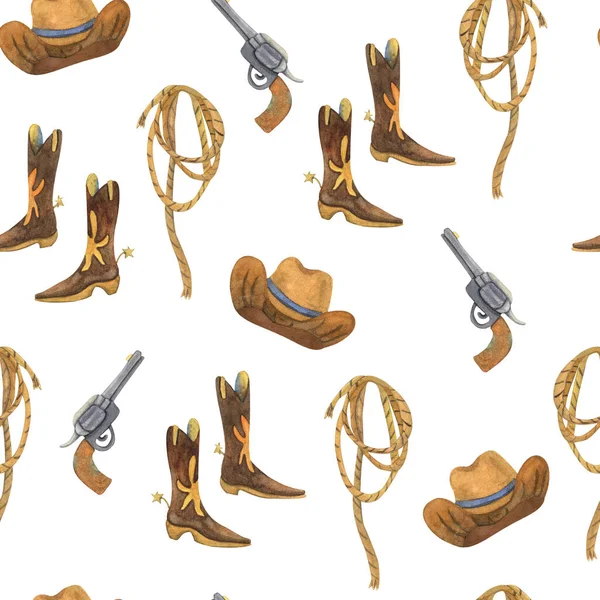 Watercolor Seamless Pattern Cowboy Accessories Hats Old Guns Ropes High — Stock Photo, Image