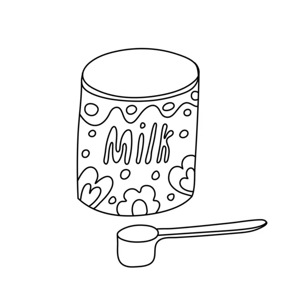 Dose Mit Säuglingsnahrung Oder Babymilch Doodle Stil Messlöffel Vorhanden Handgezeichnete — Stockvektor