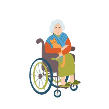 Tekerlekli sandalyedeki yaşlı bir kadın ve beyaz arka planda izole edilmiş şirin bir kedinin el çizimi. Sosyal sorun posterleri için harika bir tasarım. Yaşlılar teması.