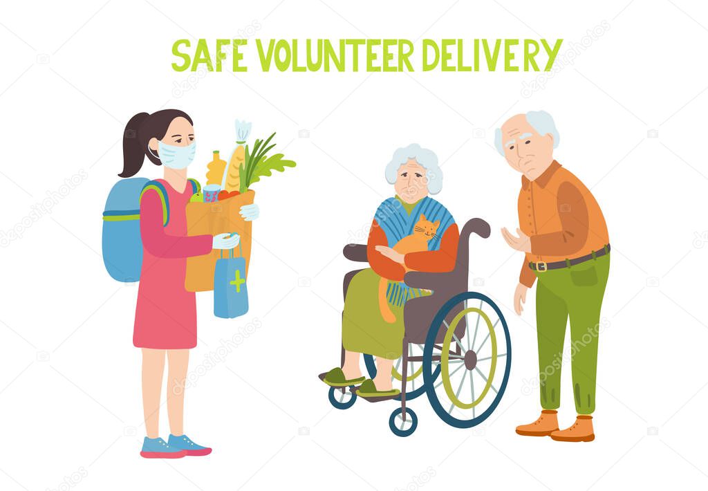 Safe volunteer delivery. Lettering and Illustration of senior couple and a young woman with a protective mask and gloves. She brought  medicine and a package full of food to help vulnerable people.