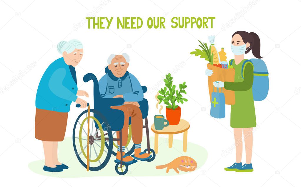 They need our support. Lettering and Illustration of senior couple and a young woman with a protective mask and gloves. She brought medicine and a package full of food to help vulnerable people.