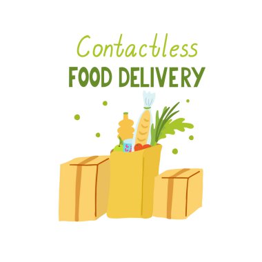 Temassız yemek dağıtım afişi. El çizimi vektör çizimi, kutular ve ürünlerle dolu bir paket. Sebze, yağ, fasulye, meyve. Beyazda izole edilmiş. Salgın teması.