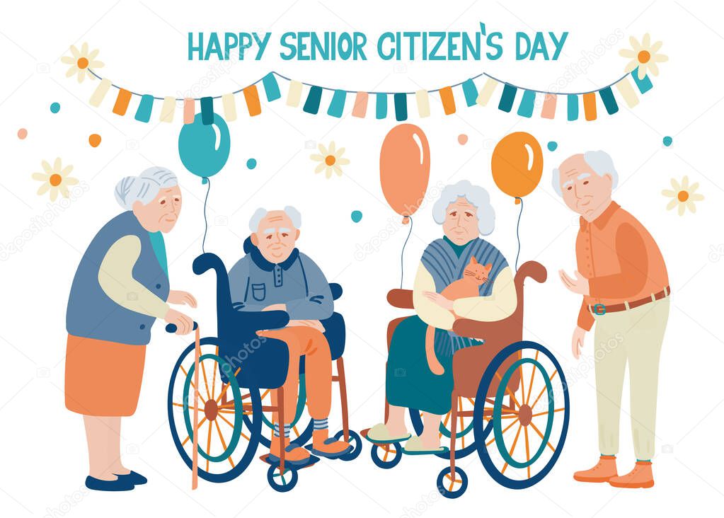 Happy senior citizens day. Lettering and vector illustration of senior men and women with balloons, bunting party flags. Wheelchairs, walking cane, pet cat. Vector greeting card isolated on white.