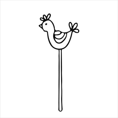 Çubuk üzerinde karalama tarzında bir horozun dekoratif figürü. Beyaz arkaplanda siyah mürekkeple el çizimi vektör çizimi.