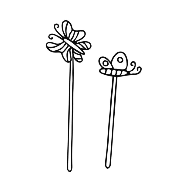 Ensemble Figures Décoratives Papillons Sur Bâtons Dans Style Doodle Illustration — Image vectorielle