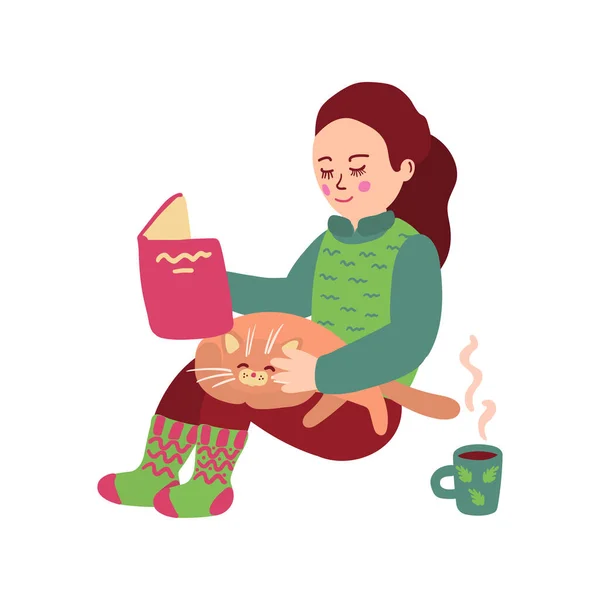 Yerde Oturup Kitap Okuyan Küçük Tatlı Bir Kız Dizlerinin Üzerinde — Stok Vektör