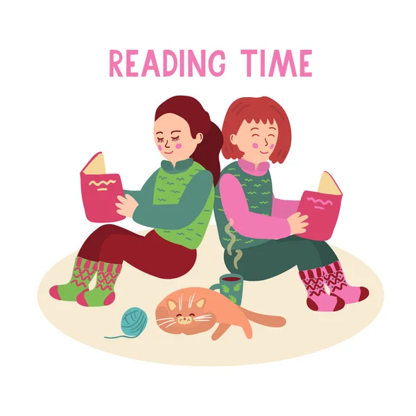 Niñas Bonitas Sentadas Suelo Leyendo Libros Hay Una Taza Lindo — Archivo Imágenes Vectoriales