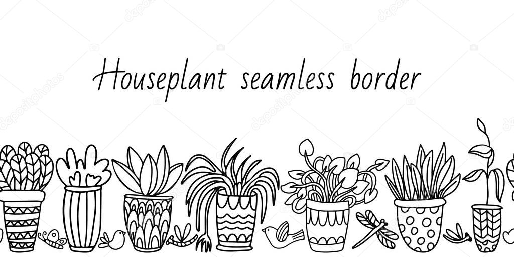 Vector seamless border with houseplants in pots decorated with ornaments on white background. Decorative butterflies, dragonflies and birds. Doodle style illustration in black ink.