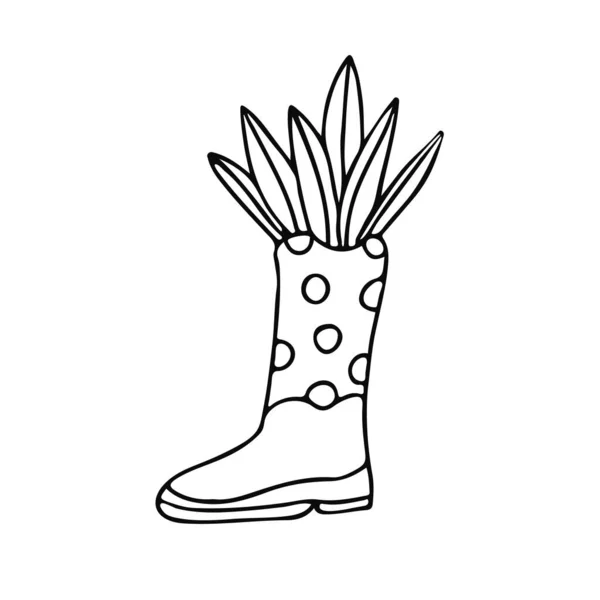 Bota Borracha Jardim Decorado Com Bolinhas Folhas Estilo Doodle Ilustração — Vetor de Stock