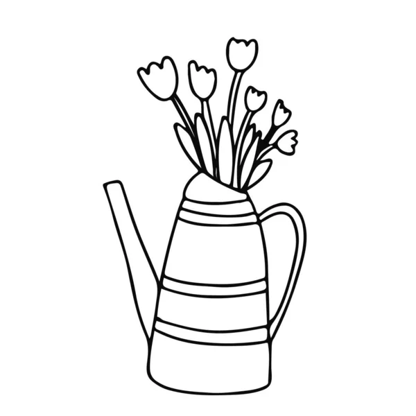 Podlewanie Puszki Kwiatów Tulipanów Stylu Doodle Ręcznie Rysowane Wektor Ilustracja — Wektor stockowy