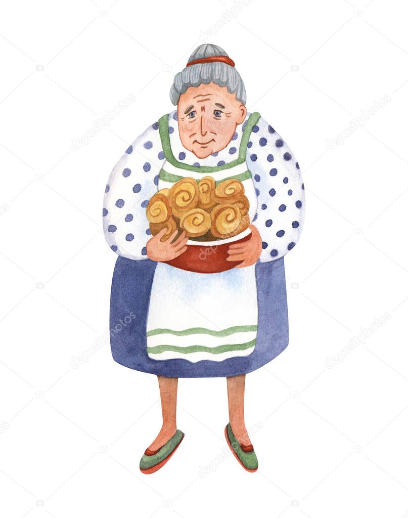 Watercolor illustration of a senior woman with sweet buns isolated on white background. She wears a deep blue skirt, a white apron, a polka dot blouse and green flat shoes.