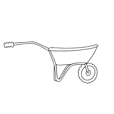 Karalama tarzında el arabası. Bahçe teması. Beyaz arkaplanda siyah mürekkeple el çizimi vektör çizimi. 