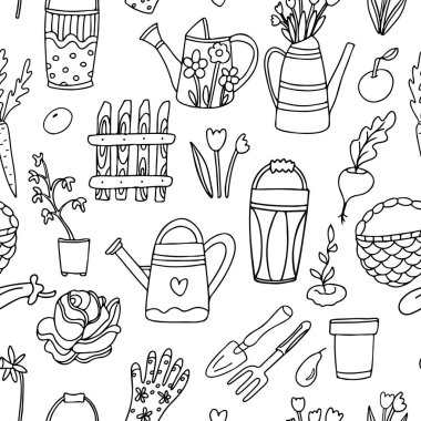 Bahçe karalaması mürekkepsiz desenli lahana kafası, sulama kutuları, bahçe çitleri, kovalar, çiçekler, meyveler, sebzeler, mala, çatal, fidanlar. Kumaşlar, ambalaj kağıtları, kapaklar için harika.. 